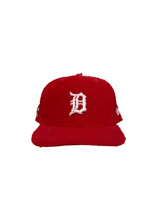 Distressed Red Detroit Fitted Hat.